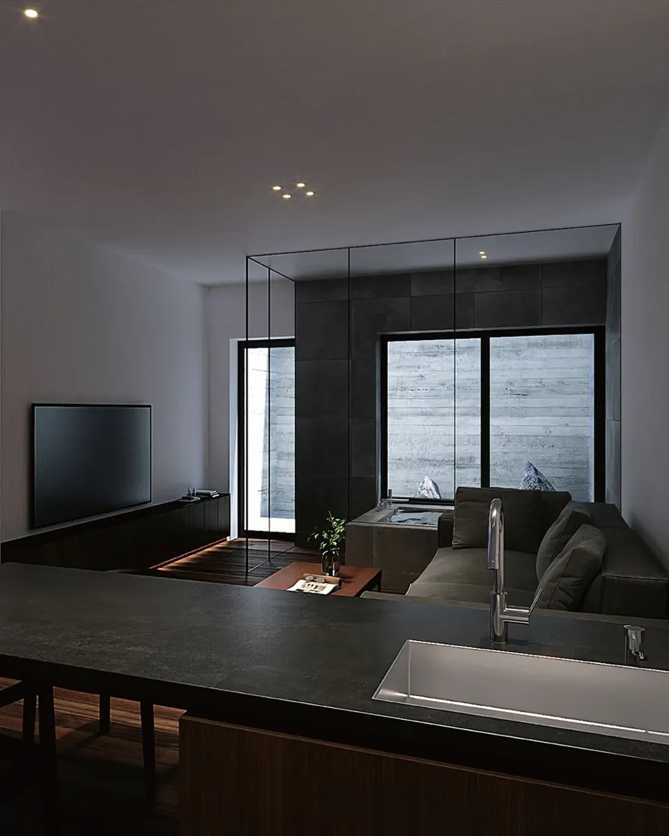 Garden residence living room opening onto a Japanese garden